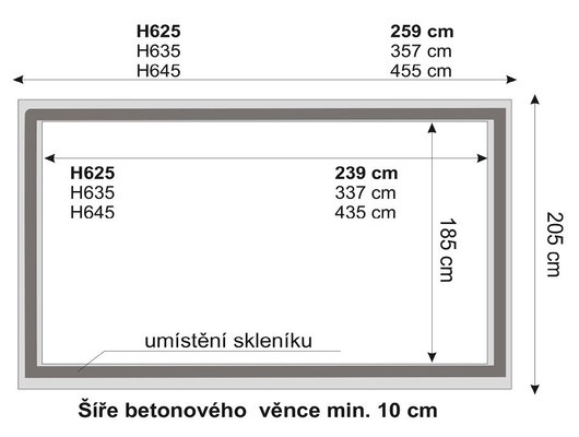 Rozměry betonového základu skleníků HOBBY H 625, H 635 a H 645