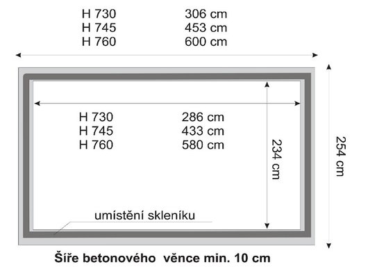 Rozměry betonového základu skleníků HOBBY H 730, H 745 a H 760