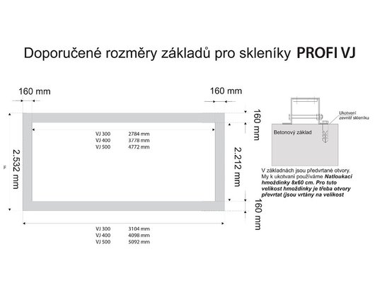 Rozměry betonového základu skleníků PROFI VJ 300, VJ 400 a VJ 500